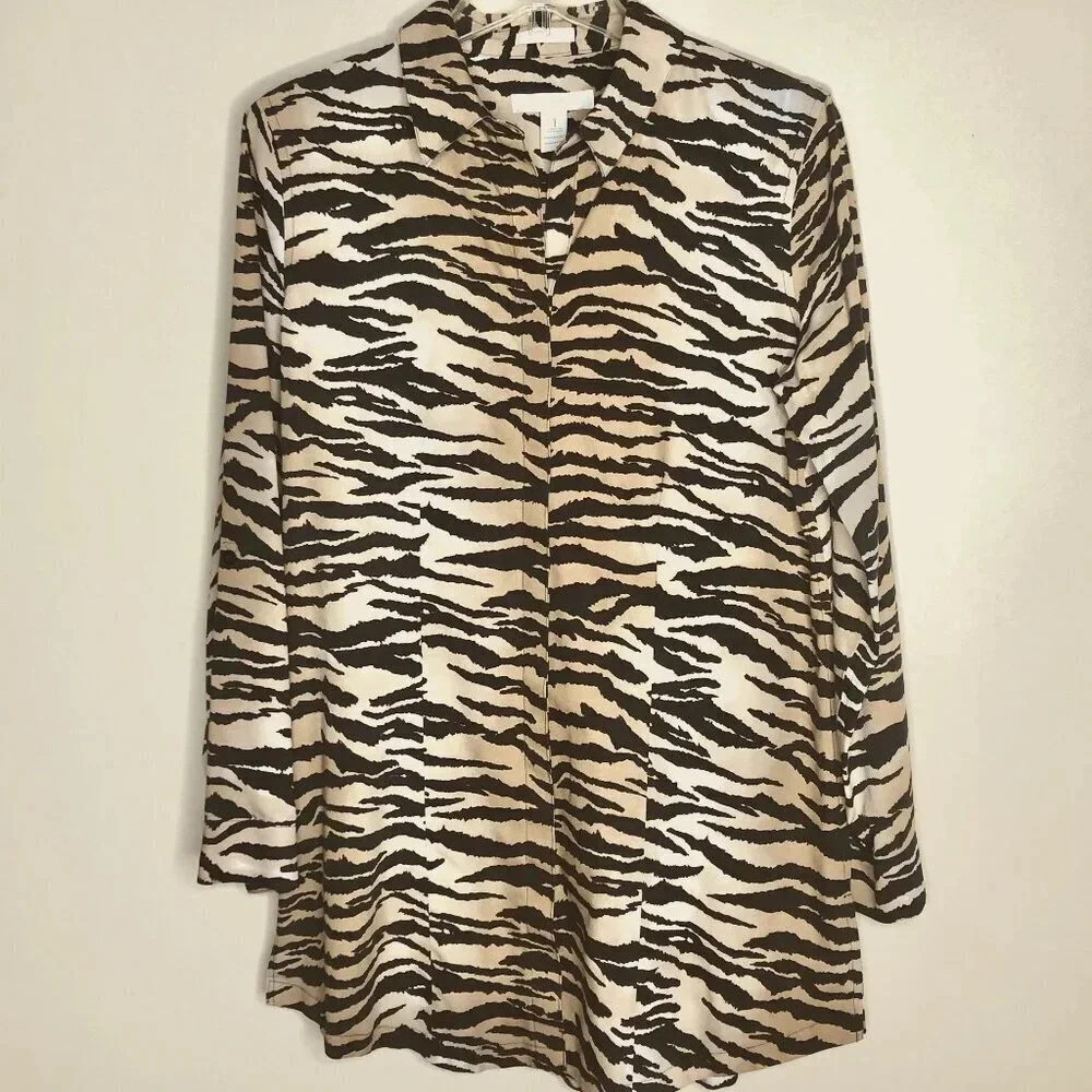 Chico's No-Iron Tiger Print Tunic Button Down Blouse, Size M/8 (Chico Size 1)